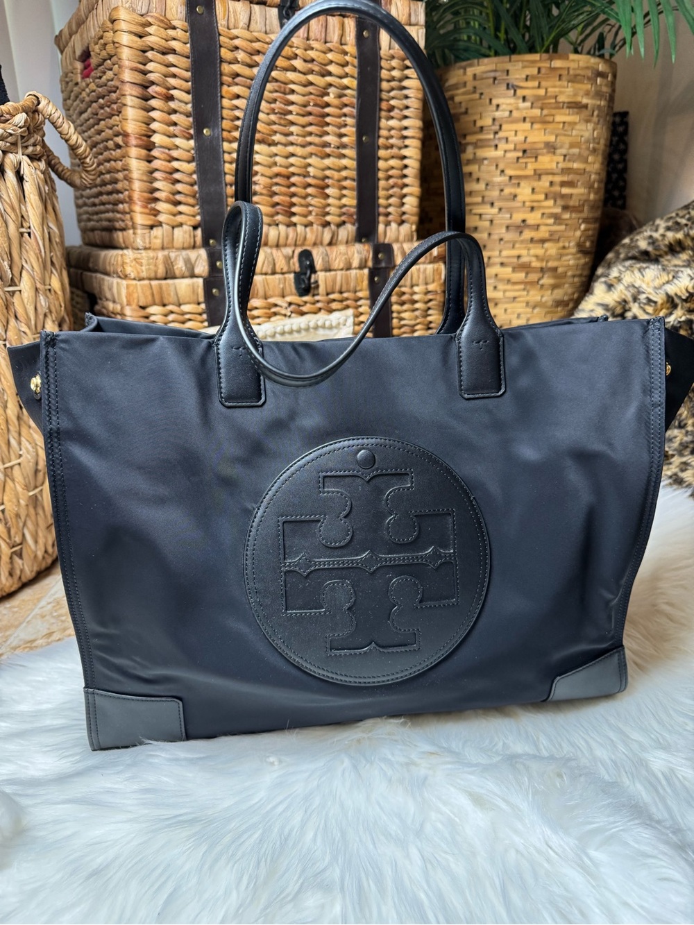 Tory Burch Black Nylon Ella Tote with black Leather Trim